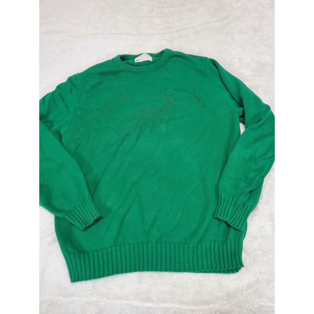 Vintage Lord Jeff Green Embroidered Reindeer Knit Cotton Sweater Large 90s Retro